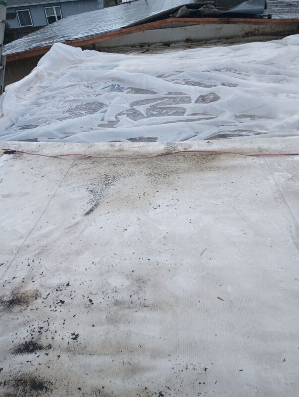 Flat roof tear-off in progress showing water-damaged roof deck